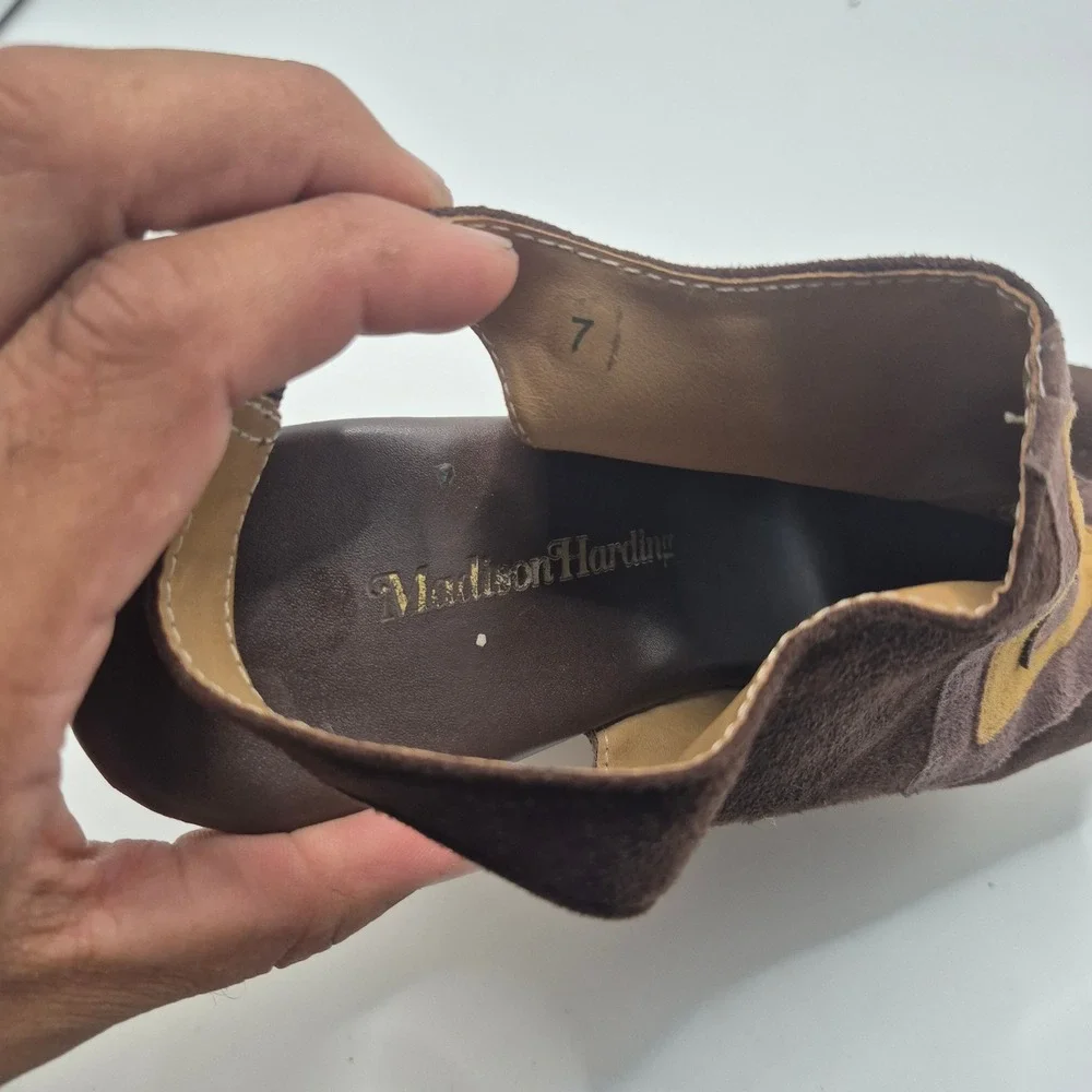 Madison Harding Brown Suede Patchwork Wooden Platform Wedge Sandals Womens 7